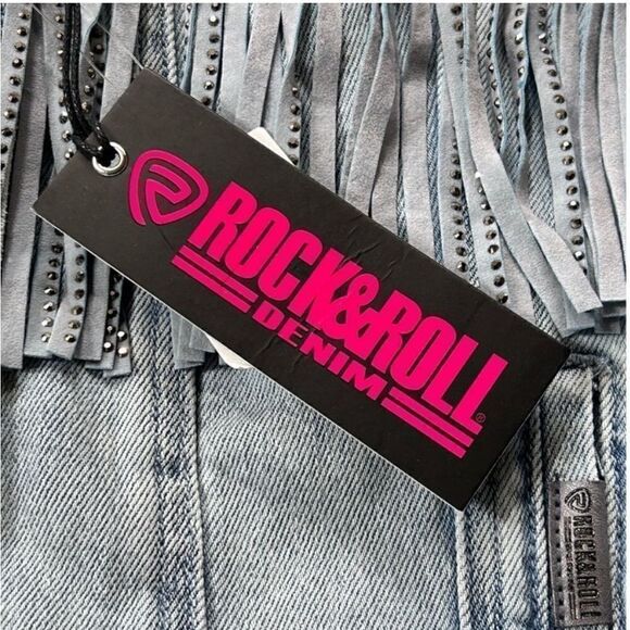 Rock and Roll Denim Light Wash Studded Fringe Denim Jacket - Picture 11 of 12